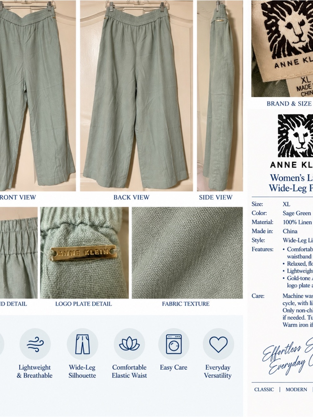 Anne Klein Sage Green Wide-Leg Linen Pants